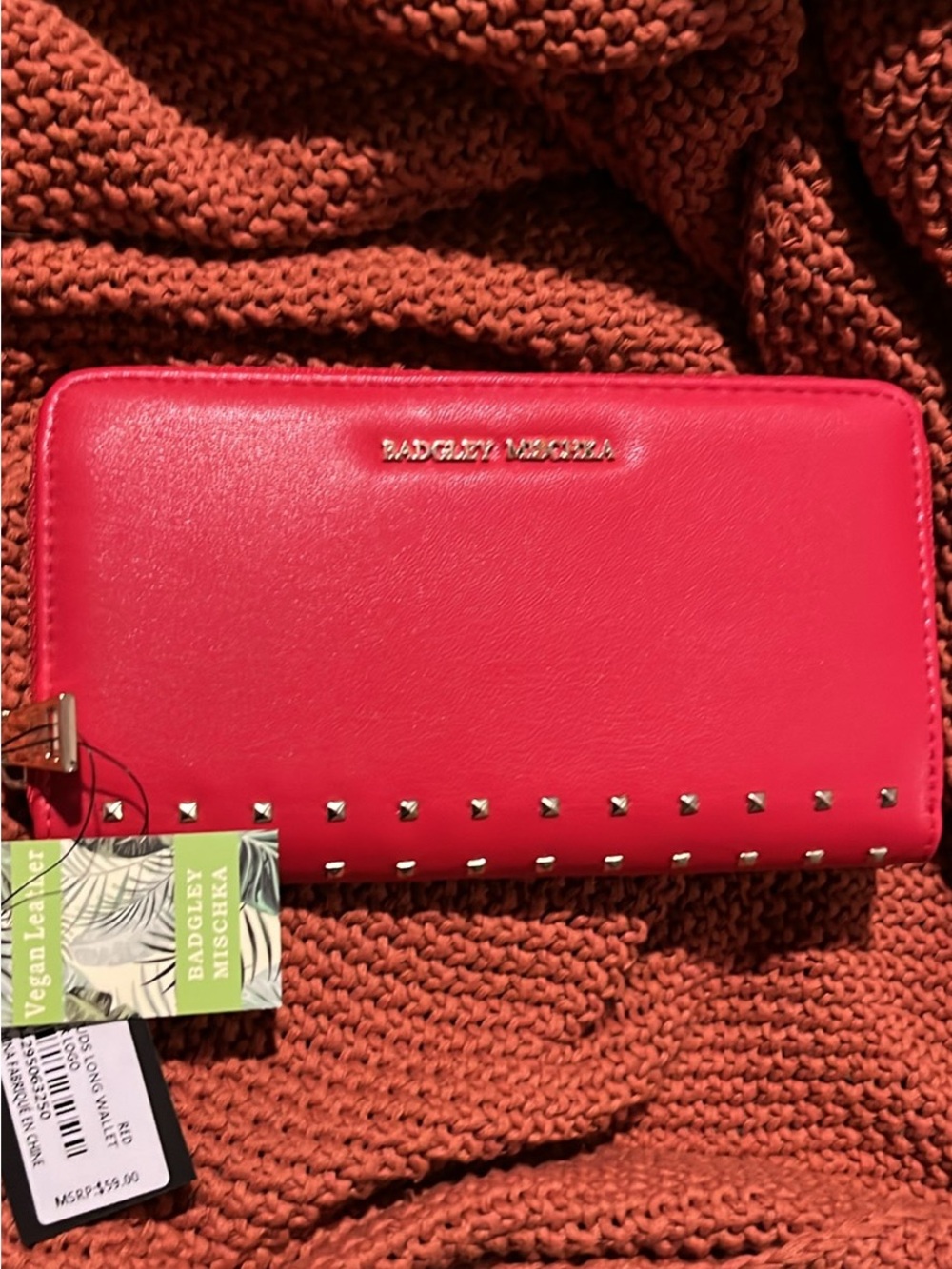 Badgley Mischka Bright Red Vegan Leather Zip-Around Wallet with Stud Accents